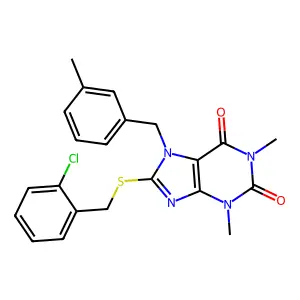 8-((2-chlorobenzyl)thio)-1,3-dimethyl-7-(3-methylbenzyl)-1H-purine-2,6(3H,7H)-dione structure