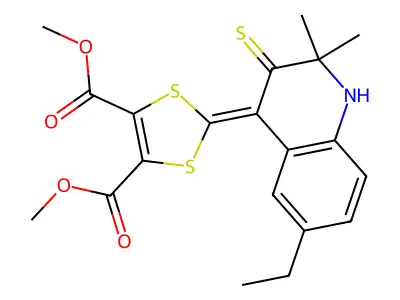 dimethyl 2-(6-ethyl-2,2-dimethyl-3-thioxo-2,3-dihydroquinolin-4(1H)-ylidene)-1,3-dithiole-4,5-dicarboxylate structure