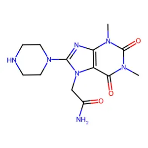 2-(1,3-Dimethyl-2,6-dioxo-8-piperazin-1-ylpurin-7-yl)acetamide structure