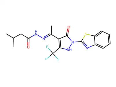 N'-{1-[1-(1,3-benzothiazol-2-yl)-5-oxo-3-(trifluoromethyl)-1,5-dihydro-4H-pyrazol-4-ylidene]ethyl}-3-methylbutanohydrazide structure