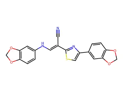 (E)-2-(4-(benzo[d][1,3]dioxol-5-yl)thiazol-2-yl)-3-(benzo[d][1,3]dioxol-5-ylamino)acrylonitrile structure