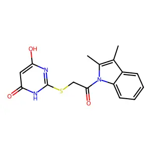 2-[2-(2,3-dimethylindol-1-yl)-2-oxoethyl]sulfanyl-4-hydroxy-1H-pyrimidin-6-one structure