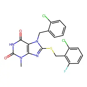 8-((2-chloro-6-fluorobenzyl)thio)-7-(2-chlorobenzyl)-3-methyl-1H-purine-2,6(3H,7H)-dione structure