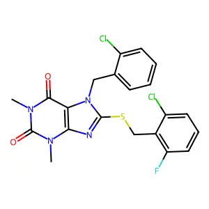 7-(2-chlorobenzyl)-8-[(2-chloro-6-fluorobenzyl)sulfanyl]-1,3-dimethyl-3,7-dihydro-1H-purine-2,6-dione structure