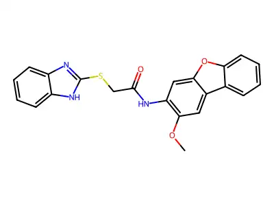 2-(1H-benzimidazol-2-ylthio)-N-(2-methoxy-3-dibenzofuranyl)acetamide structure