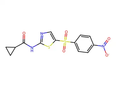 N-(5-((4-nitrophenyl)sulfonyl)thiazol-2-yl)cyclopropanecarboxamide structure
