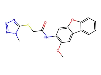 N-(2-methoxydibenzofuran-3-yl)-2-(1-methyltetrazol-5-yl)sulfanylacetamide structure