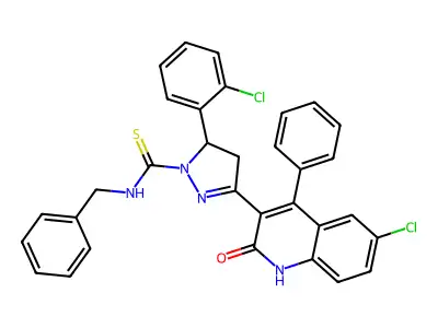 N-benzyl-3-(6-chloro-2-hydroxy-4-phenylquinolin-3-yl)-5-(2-chlorophenyl)-4,5-dihydro-1H-pyrazole-1-carbothioamide structure