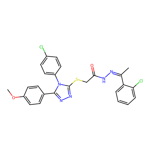 (Z)-2-((4-(4-chlorophenyl)-5-(4-methoxyphenyl)-4H-1,2,4-triazol-3-yl)thio)-N'-(1-(2-chlorophenyl)ethylidene)acetohydrazide structure