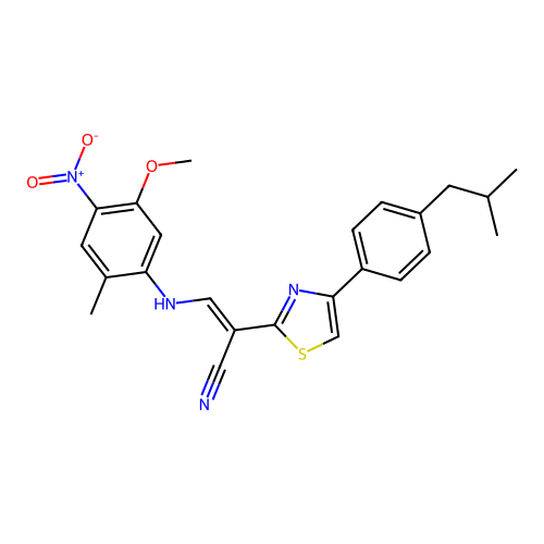 (2E)-3-[(5-methoxy-2-methyl-4-nitrophenyl)amino]-2-{4-[4-(2-methylpropyl)phenyl]-1,3-thiazol-2-yl}prop-2-enenitrile structure