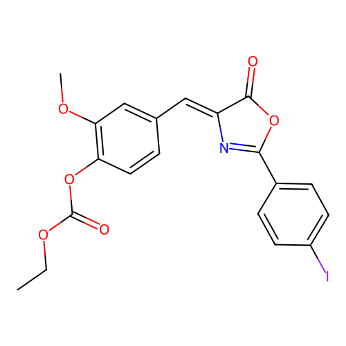 (Z)-ethyl (4-((2-(4-iodophenyl)-5-oxooxazol-4(5H)-ylidene)methyl)-2-methoxyphenyl) carbonate structure