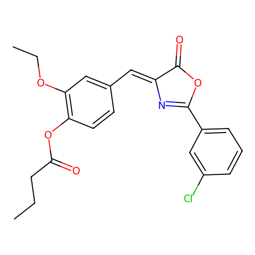 (Z)-4-((2-(3-chlorophenyl)-5-oxooxazol-4(5H)-ylidene)methyl)-2-ethoxyphenyl butyrate structure