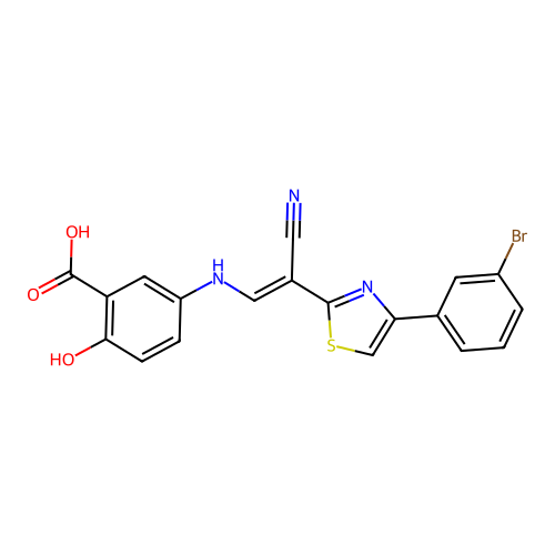 (E)-5-((2-(4-(3-bromophenyl)thiazol-2-yl)-2-cyanovinyl)amino)-2-hydroxybenzoic acid structure