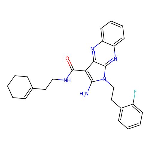 2-amino-N-(2-(cyclohex-1-en-1-yl)ethyl)-1-(2-fluorophenethyl)-1H-pyrrolo[2,3-b]quinoxaline-3-carboxamide structure