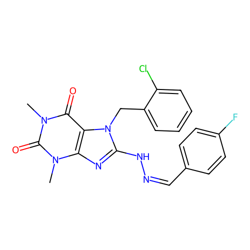 7-[(2-chlorophenyl)methyl]-8-[(2Z)-2-[(4-fluorophenyl)methylidene]hydrazinyl]-1,3-dimethylpurine-2,6-dione structure