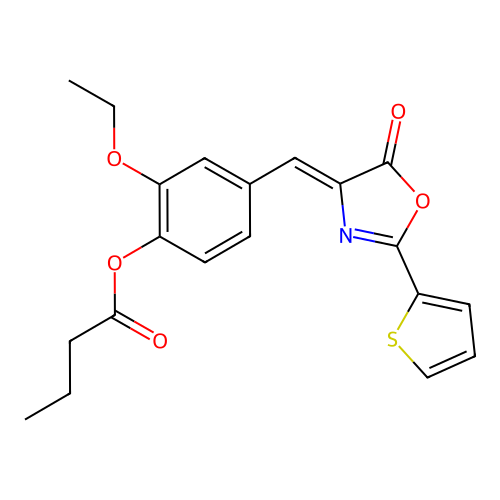 (Z)-2-ethoxy-4-((5-oxo-2-(thiophen-2-yl)oxazol-4(5H)-ylidene)methyl)phenyl butyrate structure