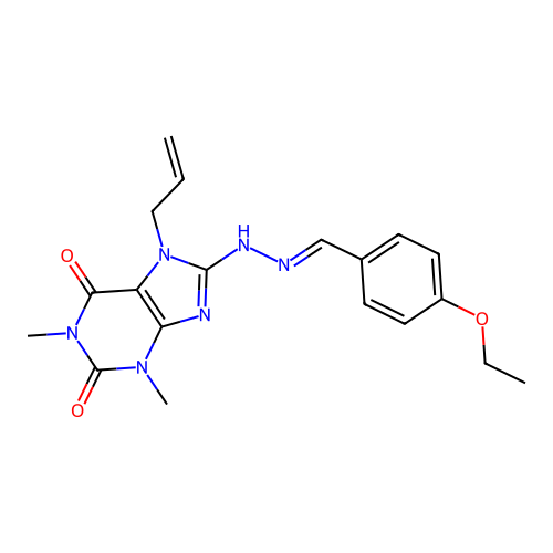 (E)-7-allyl-8-(2-(4-ethoxybenzylidene)hydrazinyl)-1,3-dimethyl-1H-purine-2,6(3H,7H)-dione structure