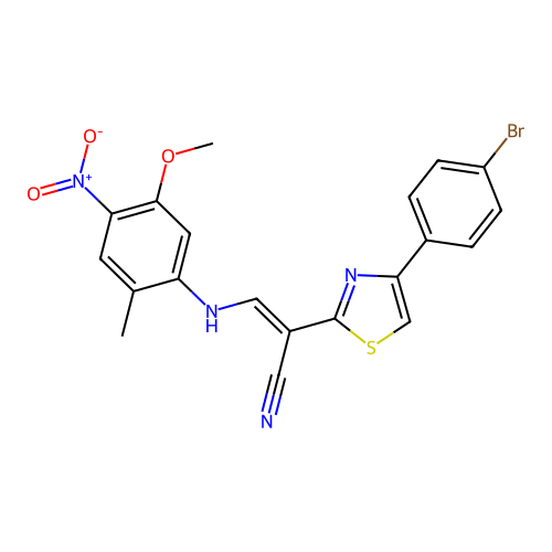 (2E)-2-[4-(4-bromophenyl)-1,3-thiazol-2-yl]-3-[(5-methoxy-2-methyl-4-nitrophenyl)amino]prop-2-enenitrile structure