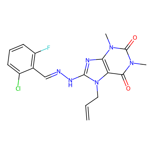 (E)-7-allyl-8-(2-(2-chloro-6-fluorobenzylidene)hydrazinyl)-1,3-dimethyl-1H-purine-2,6(3H,7H)-dione structure