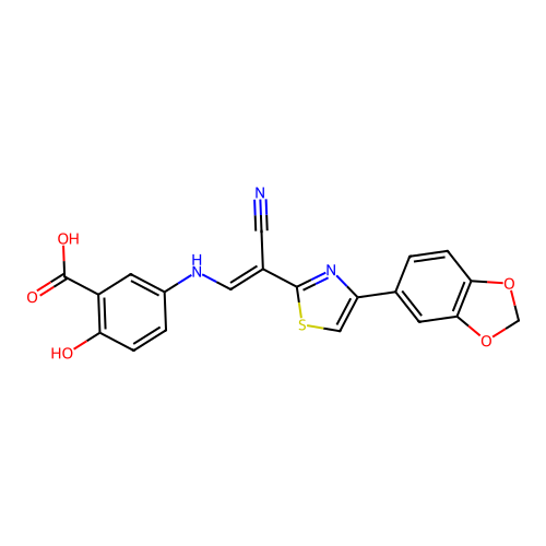 (E)-5-((2-(4-(benzo[d][1,3]dioxol-5-yl)thiazol-2-yl)-2-cyanovinyl)amino)-2-hydroxybenzoic acid structure