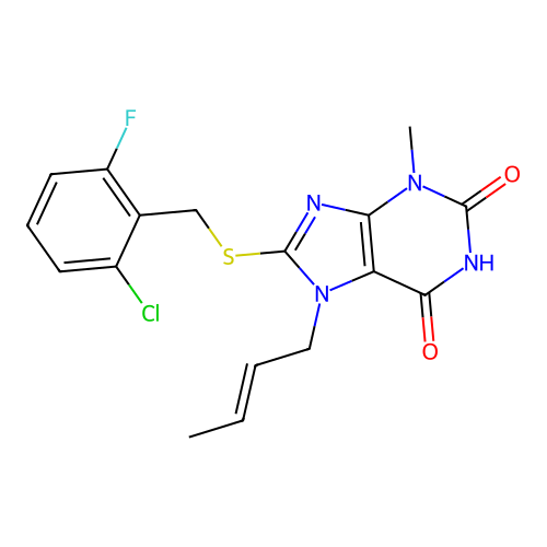 (E)-7-(but-2-en-1-yl)-8-((2-chloro-6-fluorobenzyl)thio)-3-methyl-1H-purine-2,6(3H,7H)-dione structure
