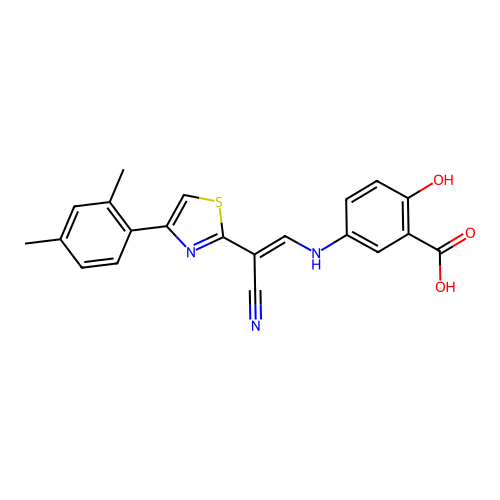 (E)-5-((2-cyano-2-(4-(2,4-dimethylphenyl)thiazol-2-yl)vinyl)amino)-2-hydroxybenzoic acid structure