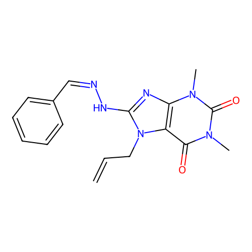 8-[(2Z)-2-benzylidenehydrazinyl]-1,3-dimethyl-7-prop-2-enylpurine-2,6-dione structure