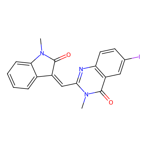6-iodo-3-methyl-2-[(Z)-(1-methyl-2-oxoindol-3-ylidene)methyl]quinazolin-4-one structure