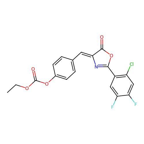 (Z)-4-((2-(2-chloro-4,5-difluorophenyl)-5-oxooxazol-4(5H)-ylidene)methyl)phenyl ethyl carbonate structure