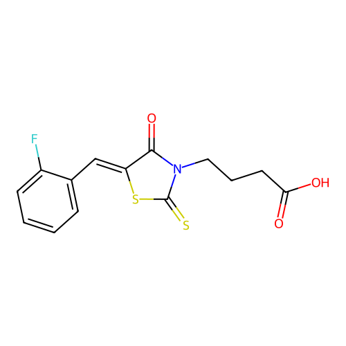 4-[(5Z)-5-[(2-fluorophenyl)methylidene]-4-oxo-2-sulfanylidene-1,3-thiazolidin-3-yl]butanoic acid structure