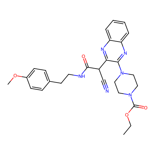 ethyl 4-(3-(1-cyano-2-((4-methoxyphenethyl)amino)-2-oxoethyl)quinoxalin-2-yl)piperazine-1-carboxylate structure