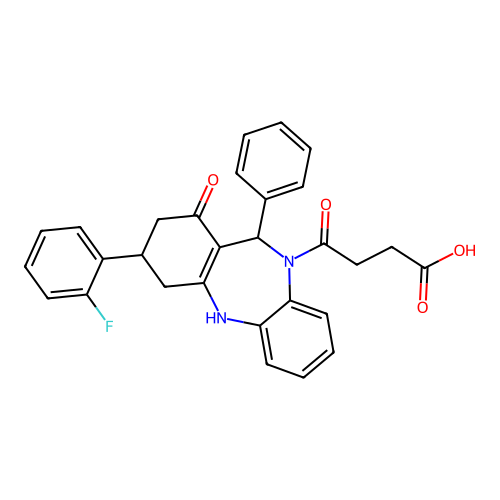 4-(3-(2-fluorophenyl)-1-oxo-11-phenyl-3,4-dihydro-1H-dibenzo[b,e][1,4]diazepin-10(2H,5H,11H)-yl)-4-oxobutanoic acid structure