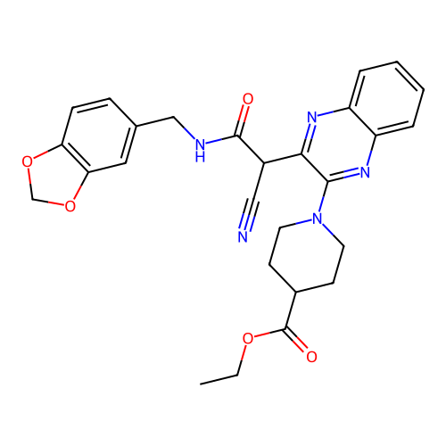 ethyl 1-(3-(2-((benzo[d][1,3]dioxol-5-ylmethyl)amino)-1-cyano-2-oxoethyl)quinoxalin-2-yl)piperidine-4-carboxylate structure