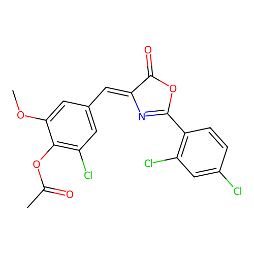 (Z)-2-chloro-4-((2-(2,4-dichlorophenyl)-5-oxooxazol-4(5H)-ylidene)methyl)-6-methoxyphenyl acetate structure