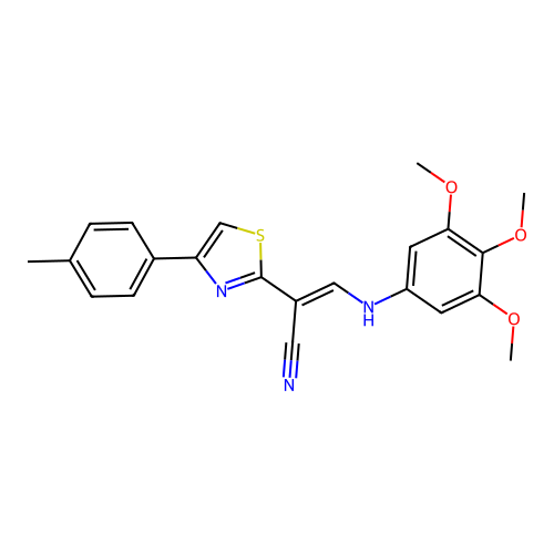 (E)-2-(4-(p-tolyl)thiazol-2-yl)-3-((3,4,5-trimethoxyphenyl)amino)acrylonitrile structure