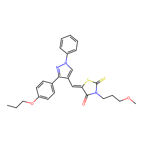 (5Z)-3-(3-methoxypropyl)-5-[[1-phenyl-3-(4-propoxyphenyl)pyrazol-4-yl]methylidene]-2-sulfanylidene-1,3-thiazolidin-4-one structure