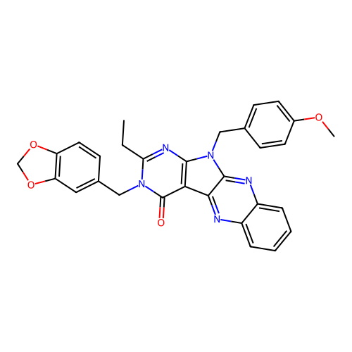 3-(benzo[d][1,3]dioxol-5-ylmethyl)-2-ethyl-11-(4-methoxybenzyl)-3H-pyrimido[5',4':4,5]pyrrolo[2,3-b]quinoxalin-4(11H)-one structure
