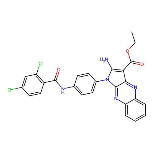 ethyl 2-amino-1-(4-(2,4-dichlorobenzamido)phenyl)-1H-pyrrolo[2,3-b]quinoxaline-3-carboxylate structure