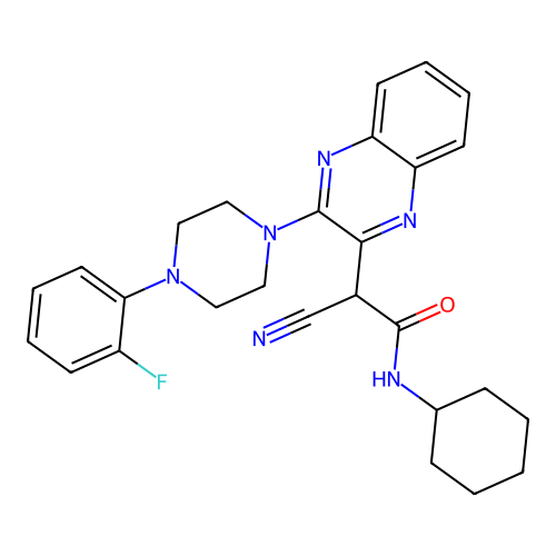 2-cyano-N-cyclohexyl-2-(3-(4-(2-fluorophenyl)piperazin-1-yl)quinoxalin-2-yl)acetamide structure