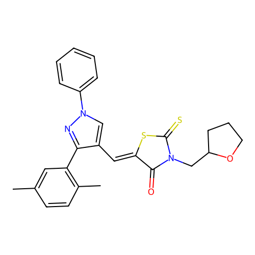 (5Z)-5-[[3-(2,5-dimethylphenyl)-1-phenylpyrazol-4-yl]methylidene]-3-(oxolan-2-ylmethyl)-2-sulfanylidene-1,3-thiazolidin-4-one structure