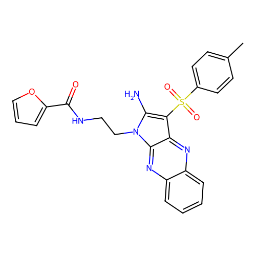 N-(2-(2-amino-3-tosyl-1H-pyrrolo[2,3-b]quinoxalin-1-yl)ethyl)furan-2-carboxamide structure