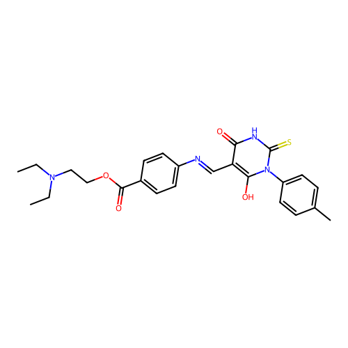 (E)-2-(diethylamino)ethyl 4-(((4,6-dioxo-2-thioxo-1-(p-tolyl)tetrahydropyrimidin-5(2H)-ylidene)methyl)amino)benzoate structure