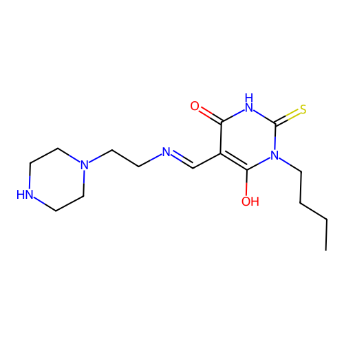 1-butyl-5-[(2-piperazin-1-ylethylamino)methylidene]-2-sulfanylidene-1,3-diazinane-4,6-dione structure