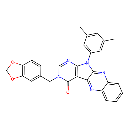 3-(benzo[d][1,3]dioxol-5-ylmethyl)-11-(3,5-dimethylphenyl)-3H-pyrimido[5',4':4,5]pyrrolo[2,3-b]quinoxalin-4(11H)-one structure