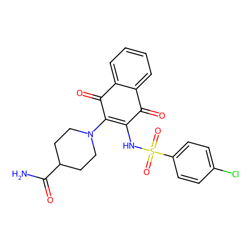 1-[3-[(4-chlorophenyl)sulfonylamino]-1,4-dioxo-naphthalen-2-yl]piperidine-4-carboxamide structure