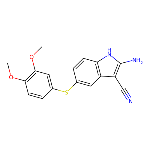 2-amino-5-(3,4-dimethoxyphenyl)sulfanyl-1H-indole-3-carbonitrile structure