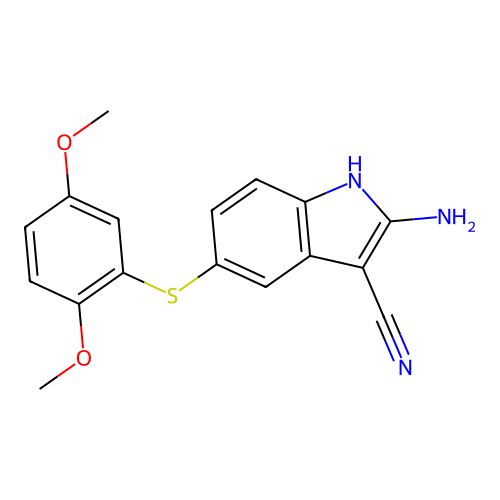 2-amino-5-(2,5-dimethoxyphenyl)sulfanyl-1H-indole-3-carbonitrile structure