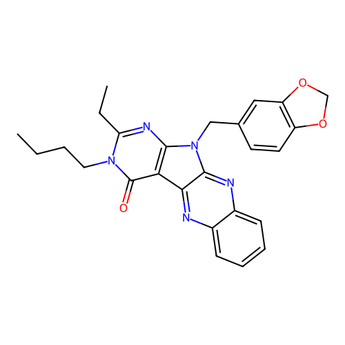 11-(benzo[d][1,3]dioxol-5-ylmethyl)-3-butyl-2-ethyl-3H-pyrimido[5',4':4,5]pyrrolo[2,3-b]quinoxalin-4(11H)-one structure