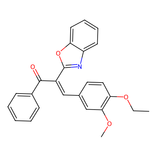 (E)-2-(1,3-benzoxazol-2-yl)-3-(4-ethoxy-3-methoxyphenyl)-1-phenylprop-2-en-1-one structure