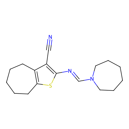 (E)-2-((azepan-1-ylmethylene)amino)-5,6,7,8-tetrahydro-4H-cyclohepta[b]thiophene-3-carbonitrile structure